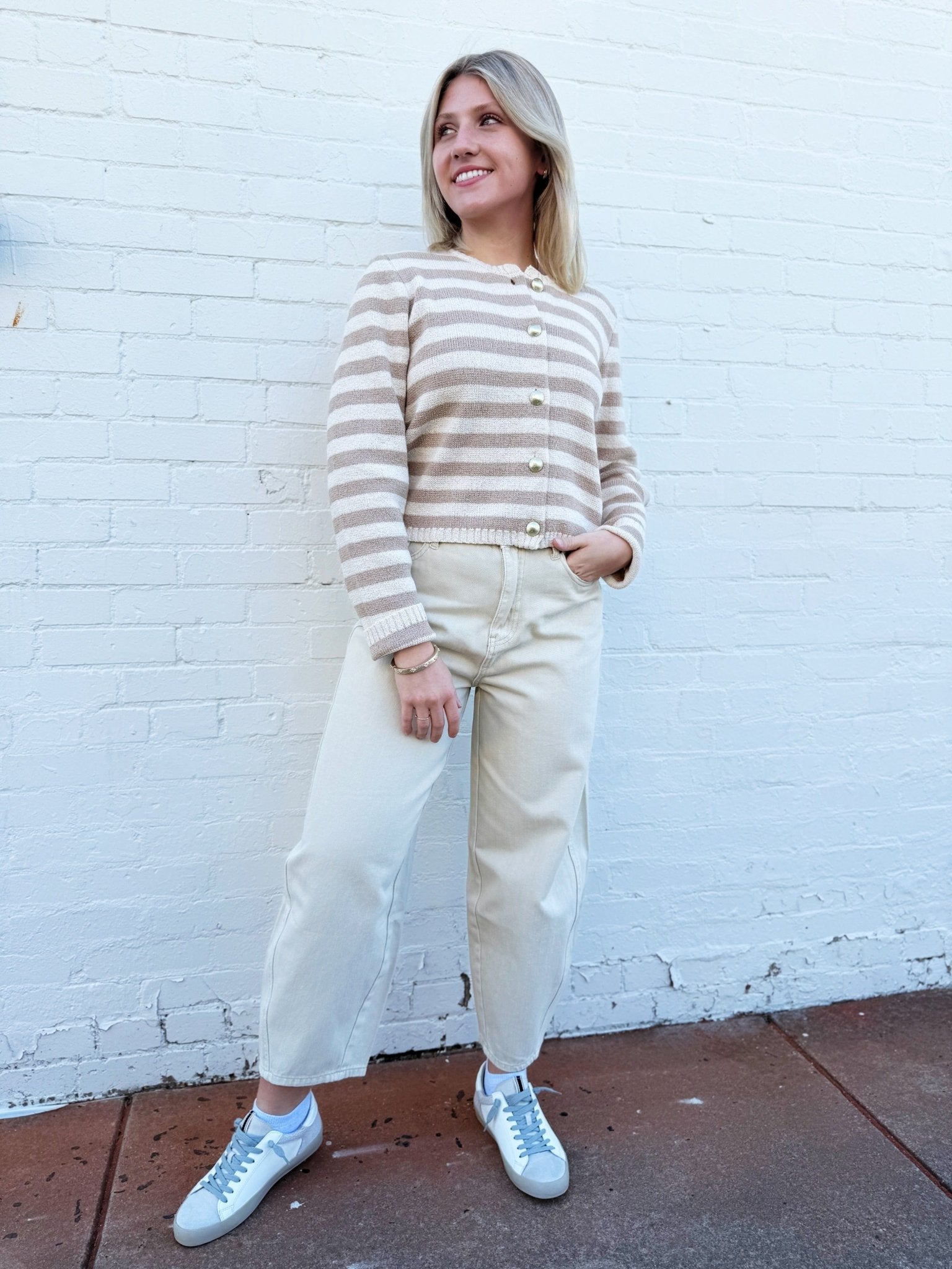 Daphne Stripe Cardigan In Camel Cream - Infinity Raine