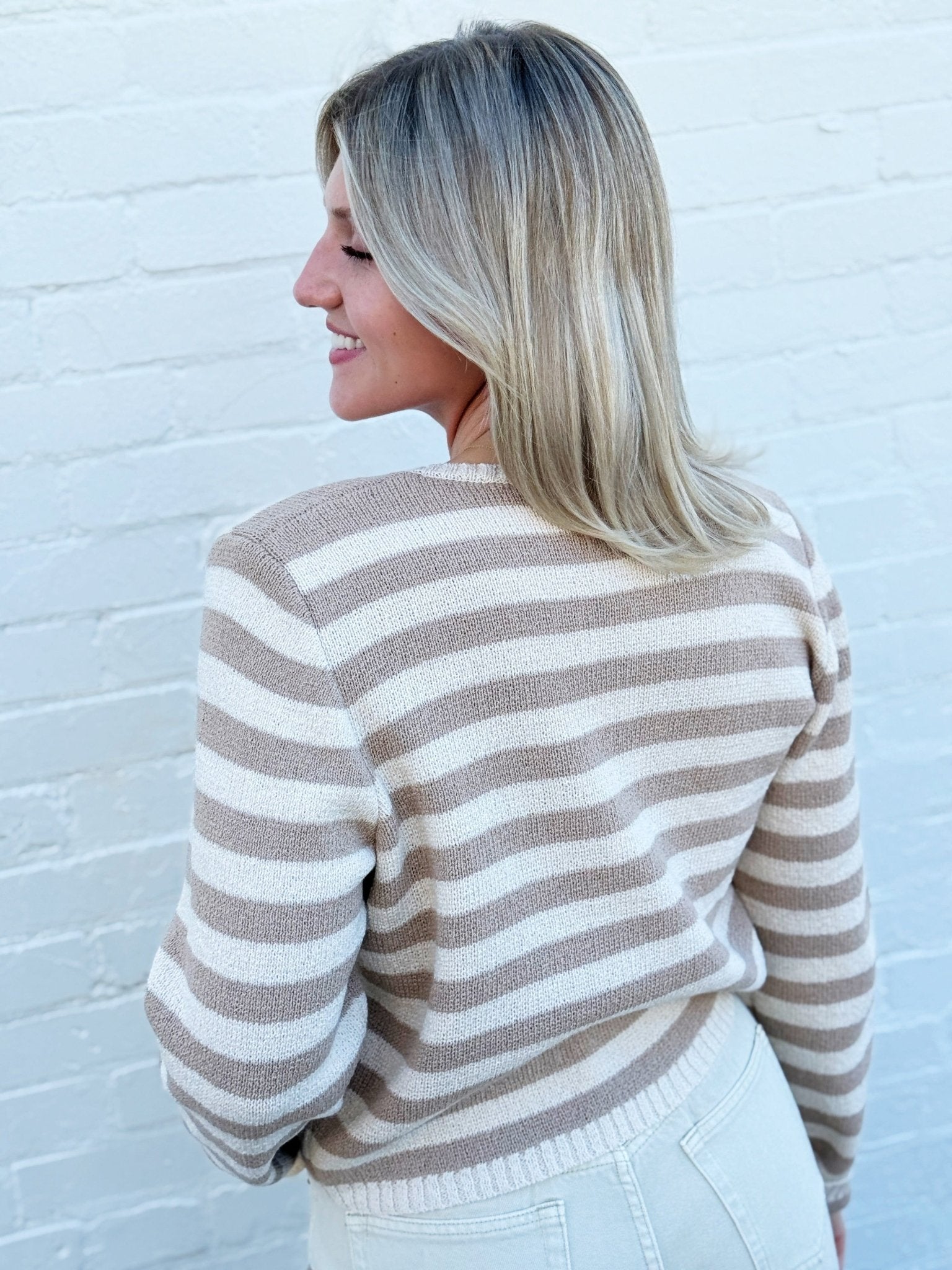 Daphne Stripe Cardigan In Camel Cream - Infinity Raine