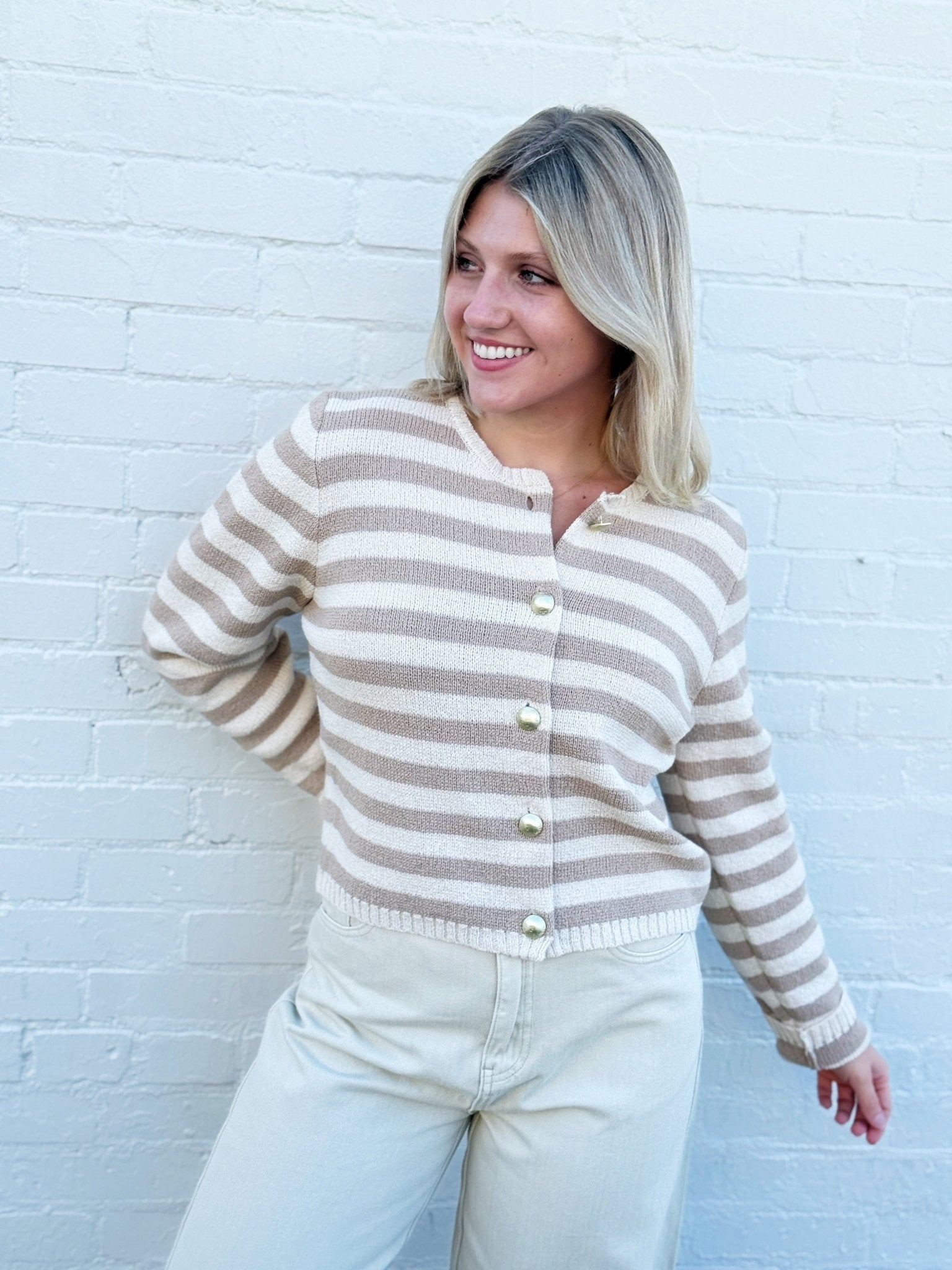 Daphne Stripe Cardigan In Camel Cream - Infinity Raine