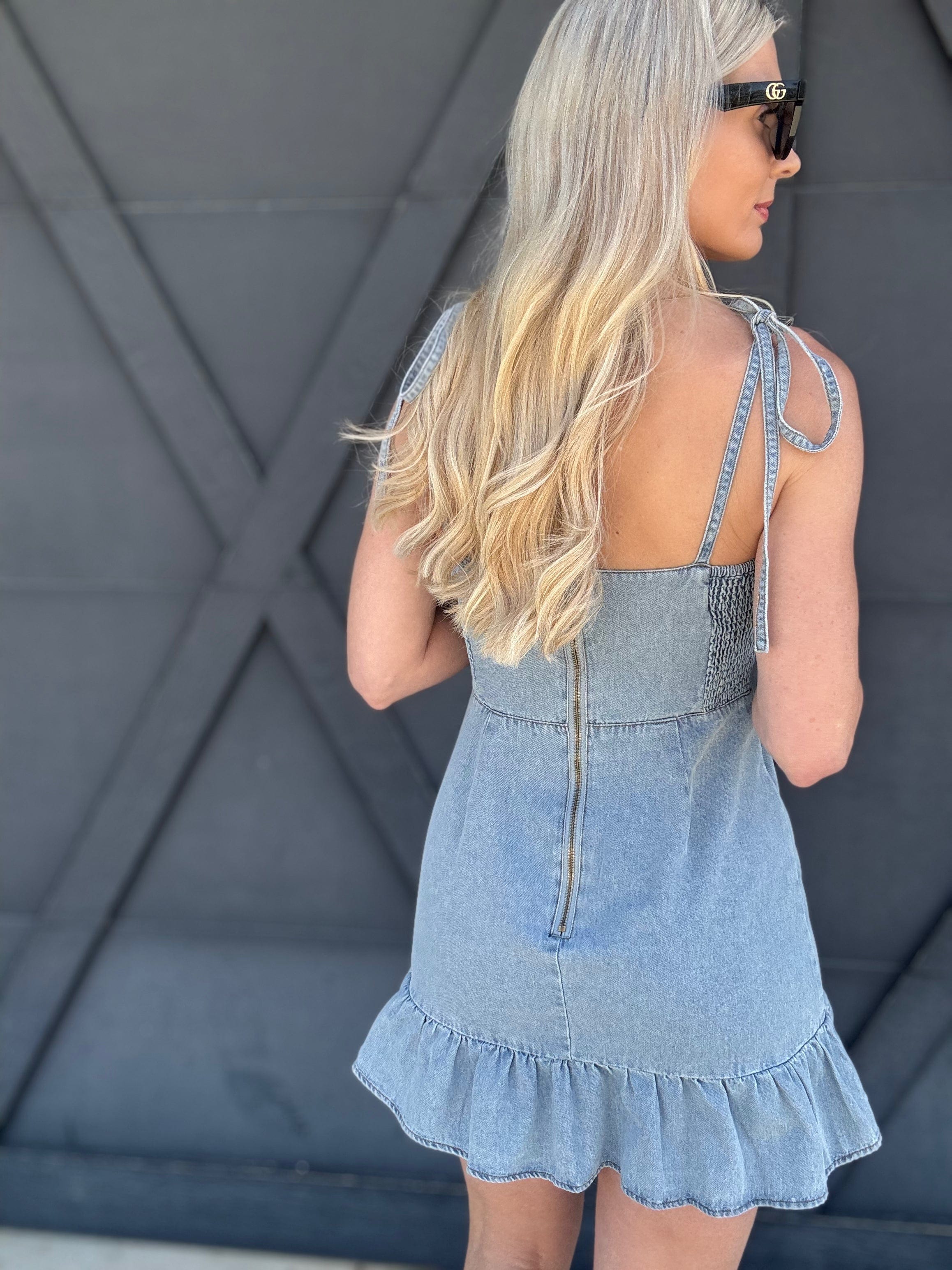 Denim Ruffle Mini Dress In Light Denim - Infinity Raine