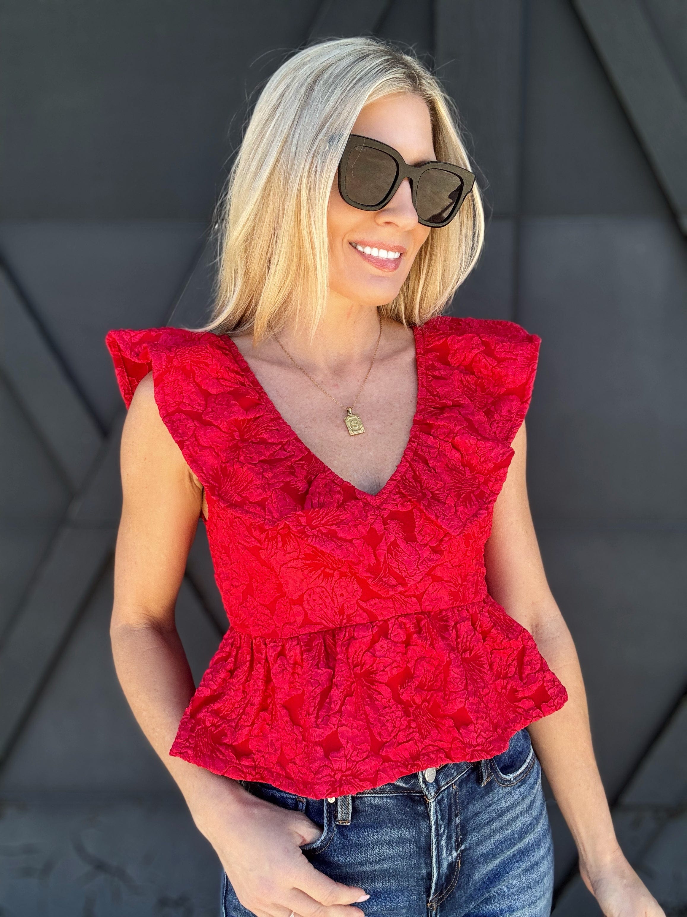 Jacquard Crop Baby Doll Top In Red - Infinity Raine