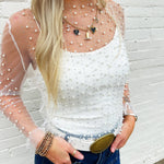 Faux Pearls Mesh Top In White - Infinity Raine