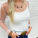 Faux Pearls Mesh Top In White - Infinity Raine