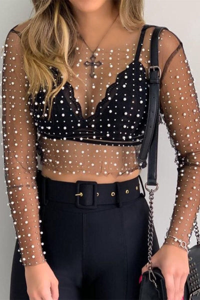Faux Pearls Decor Mesh Top-Black - Infinity Raine