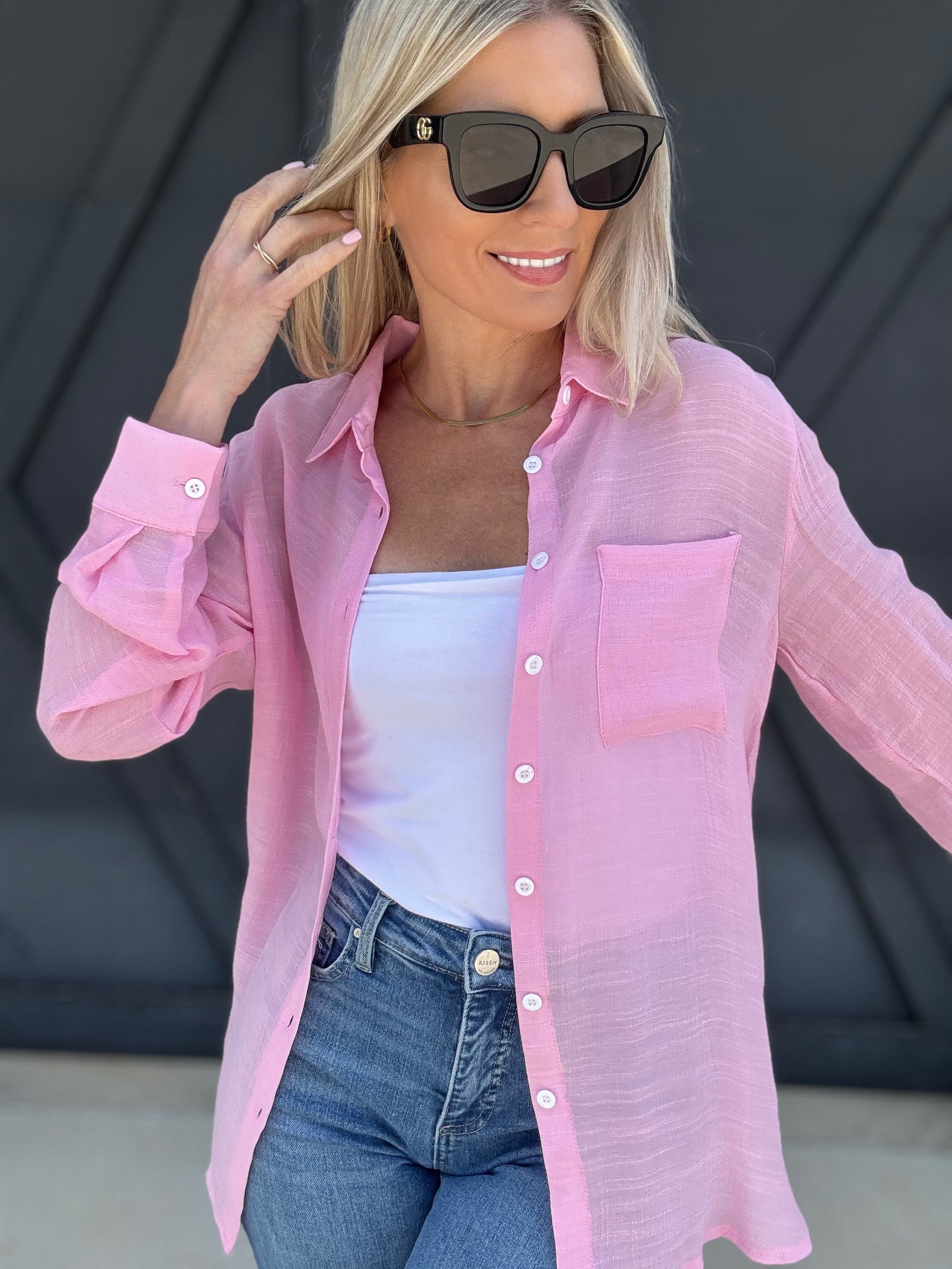 De Vave Tops - Blouses Linen Beach Button Down In Pink