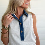 Denim Patchwork Polo Elastic Waist Romper In Light Grey - Infinity Raine