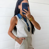 Denim Patchwork Polo Elastic Waist Romper In Light Grey - Infinity Raine