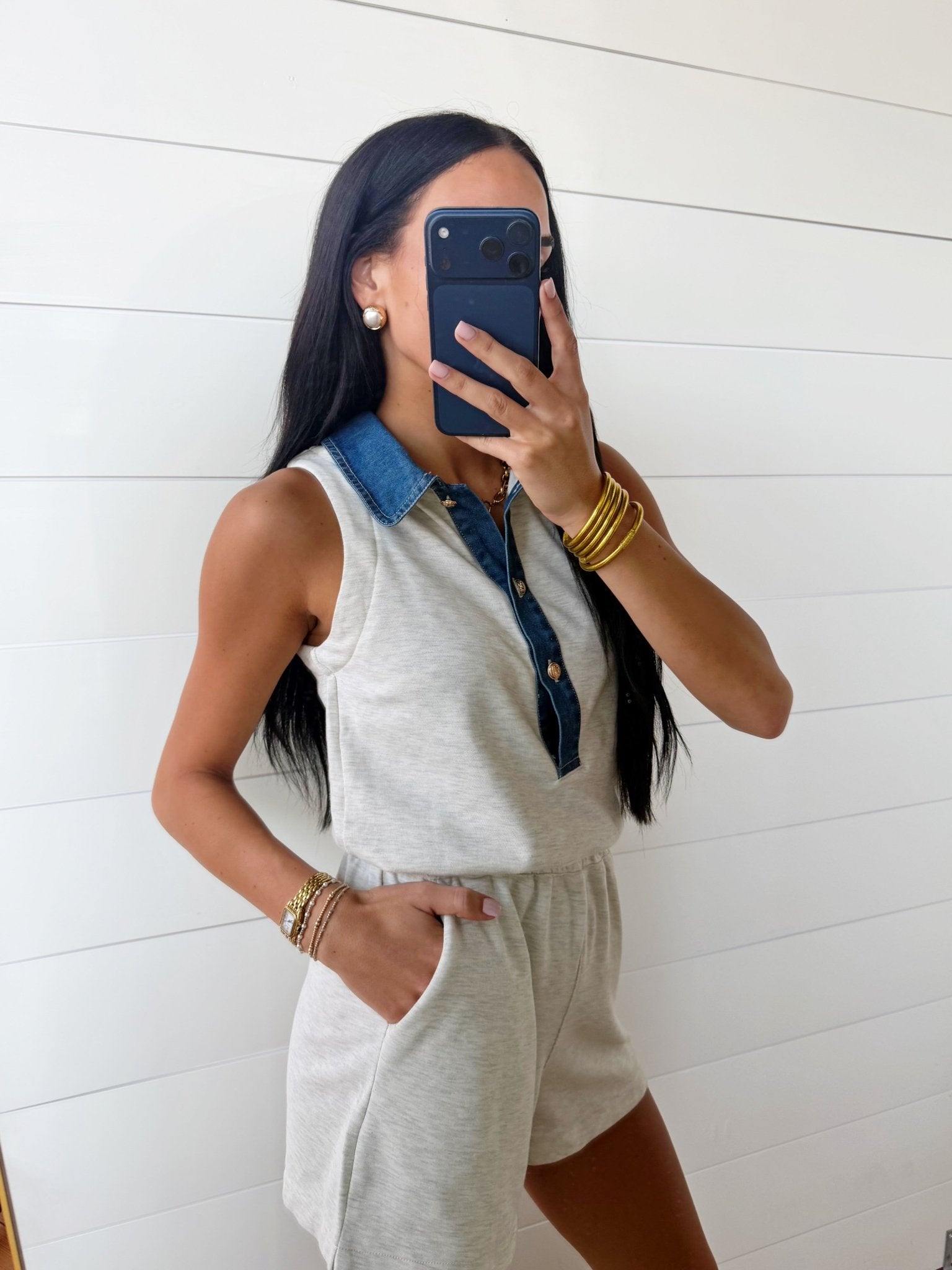 Denim Patchwork Polo Elastic Waist Romper In Light Grey - Infinity Raine