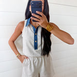 Denim Patchwork Polo Elastic Waist Romper In Light Grey - Infinity Raine