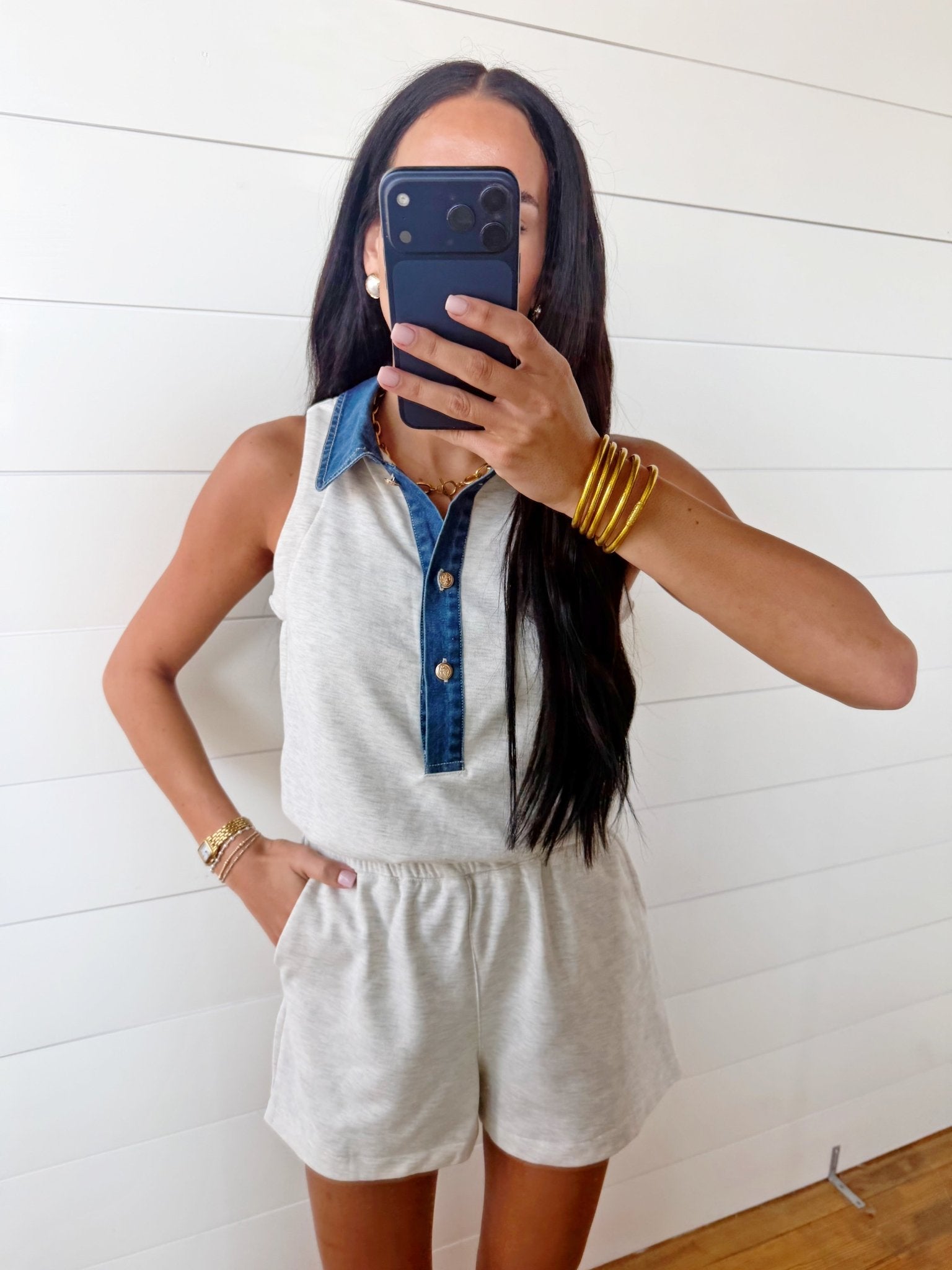 Denim Patchwork Polo Elastic Waist Romper In Light Grey - Infinity Raine