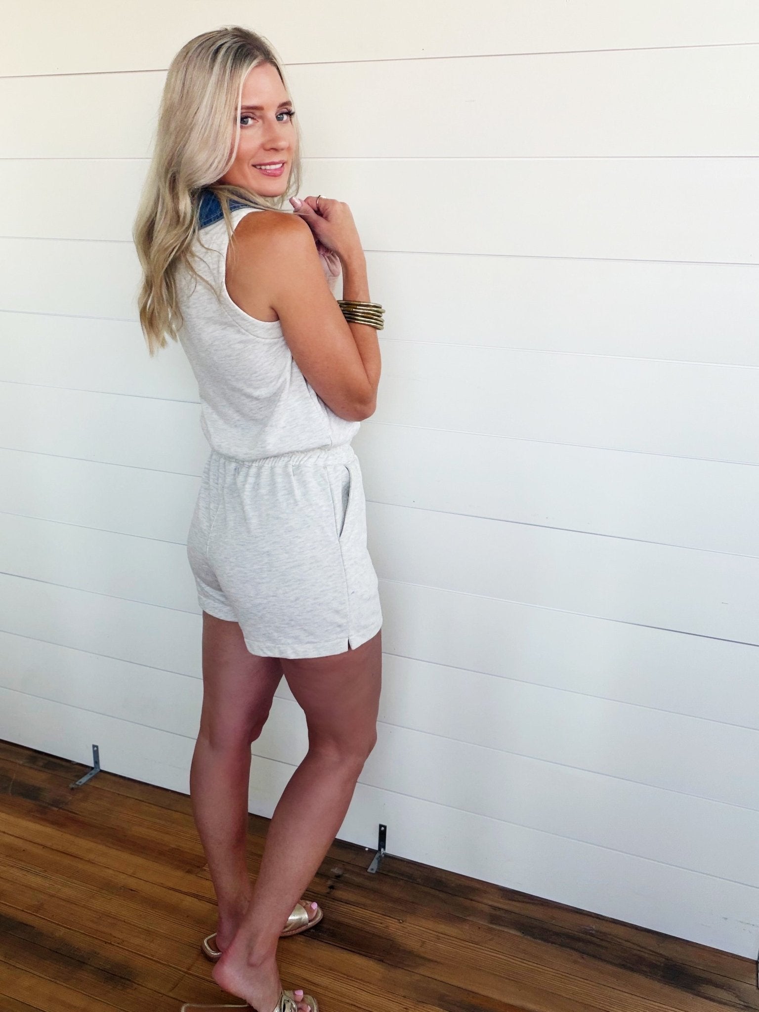 Denim Patchwork Polo Elastic Waist Romper In Light Grey - Infinity Raine