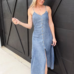 Denim Tencel Flowy Midi Dress In Medium Wash - Infinity Raine