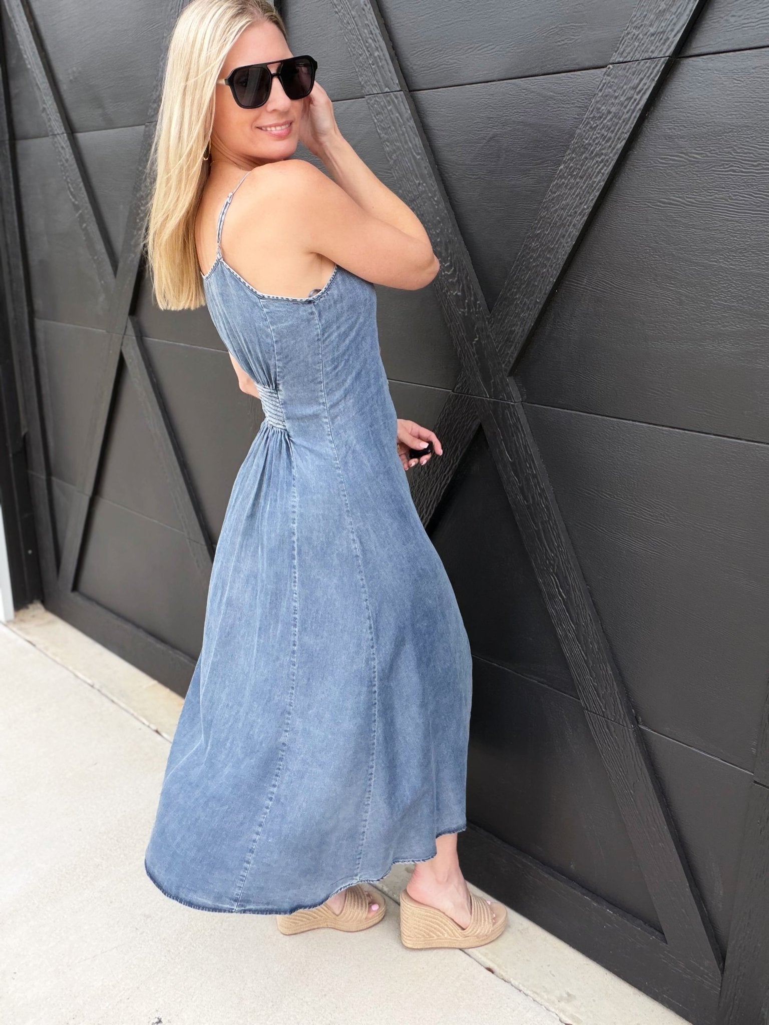 Denim Tencel Flowy Midi Dress In Medium Wash - Infinity Raine