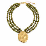 Gorgeously Draping Statement Beaded Necklace - 3 Row Marbled Beads In Olive - Infinity Raine