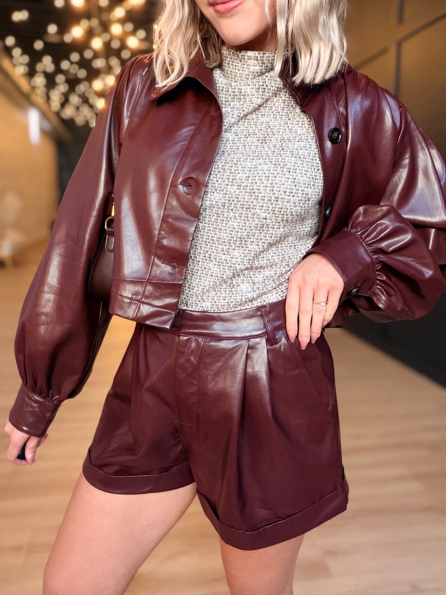 District Vegan Leather Shorts In Wine - Infinity Raine
