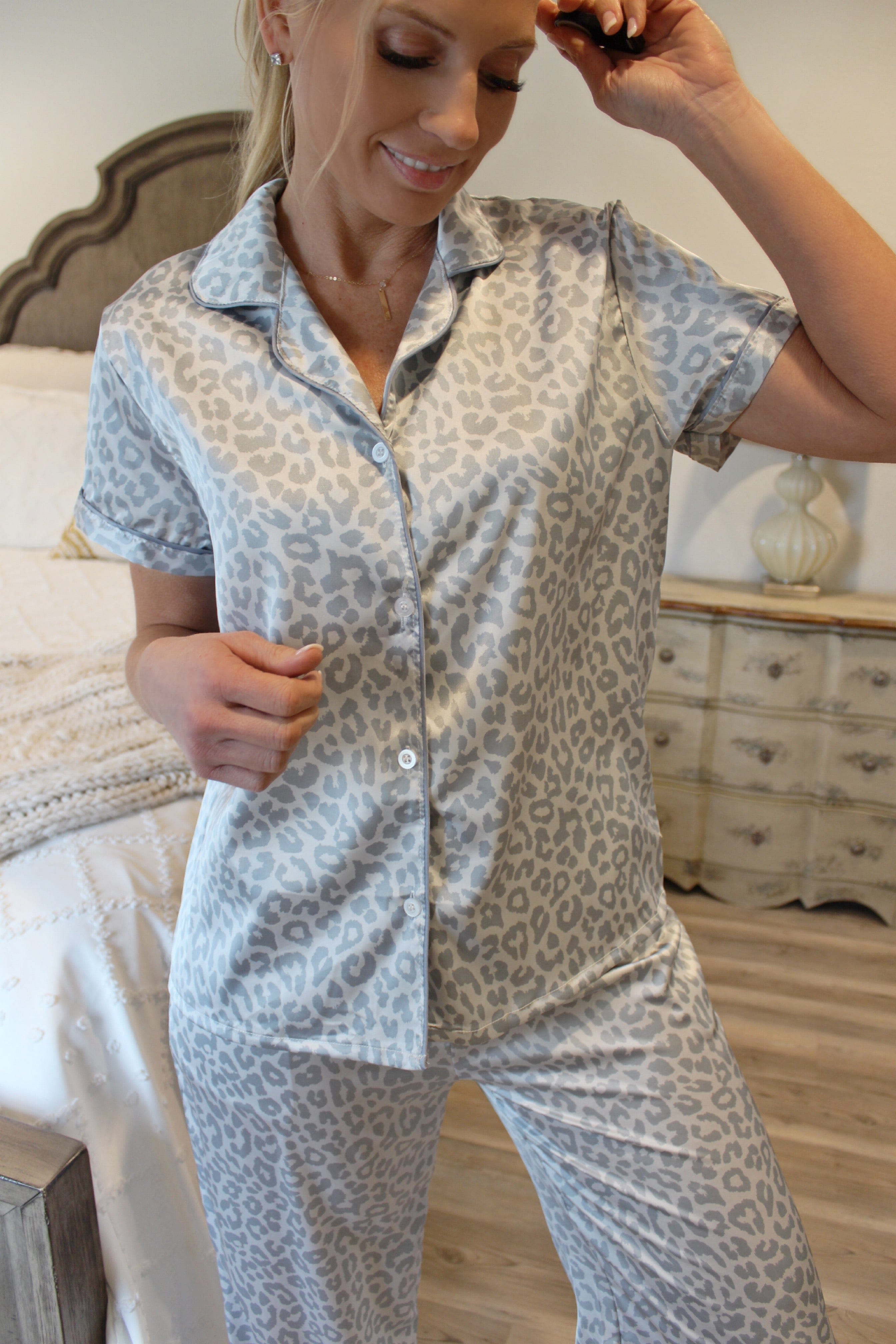 Hello Mello Satin Pajama Top-Feline Sleepy - Infinity Raine