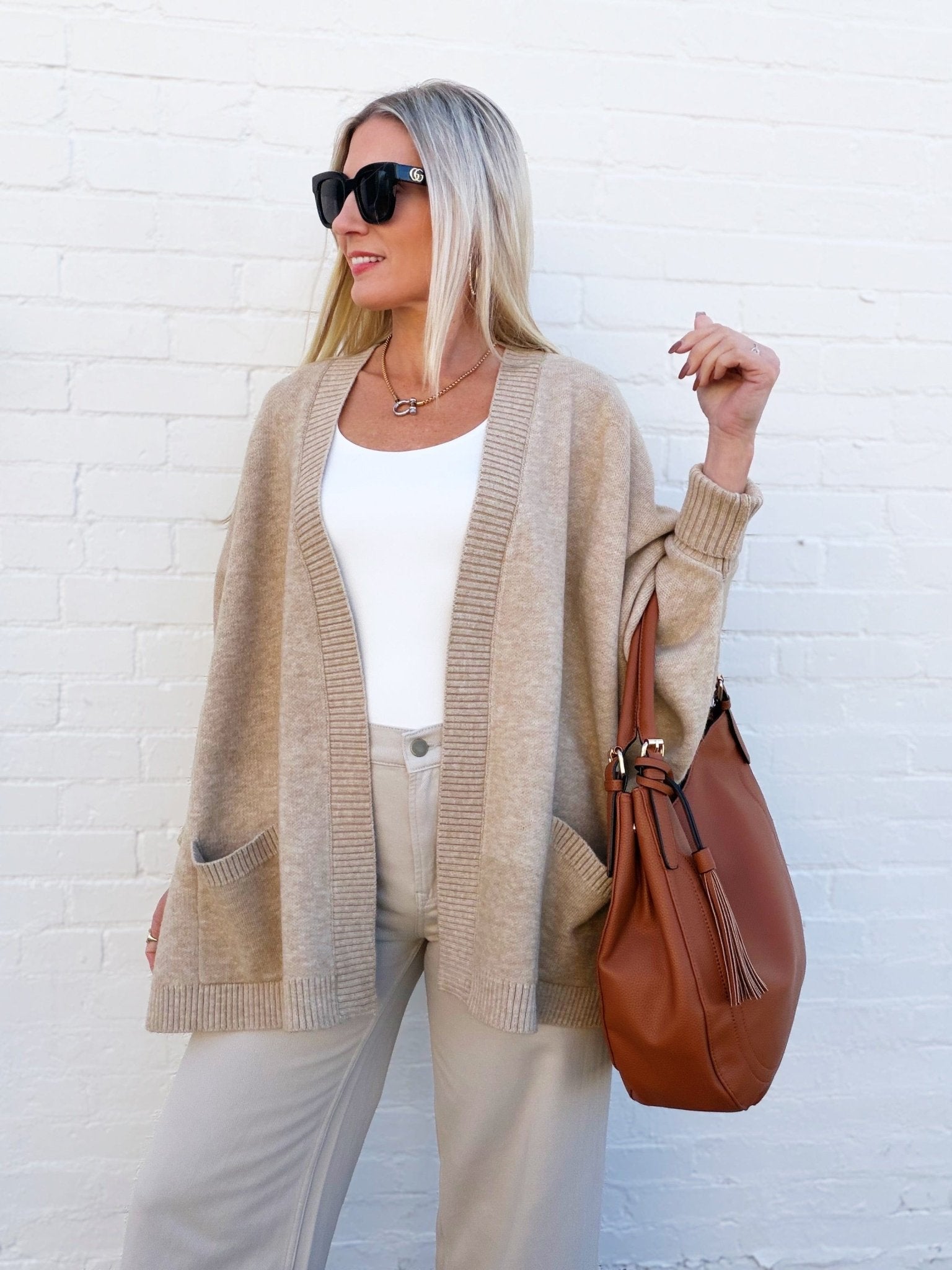 Dolman Sleeve Open Cardigan With Pockets In Taupe - Infinity Raine