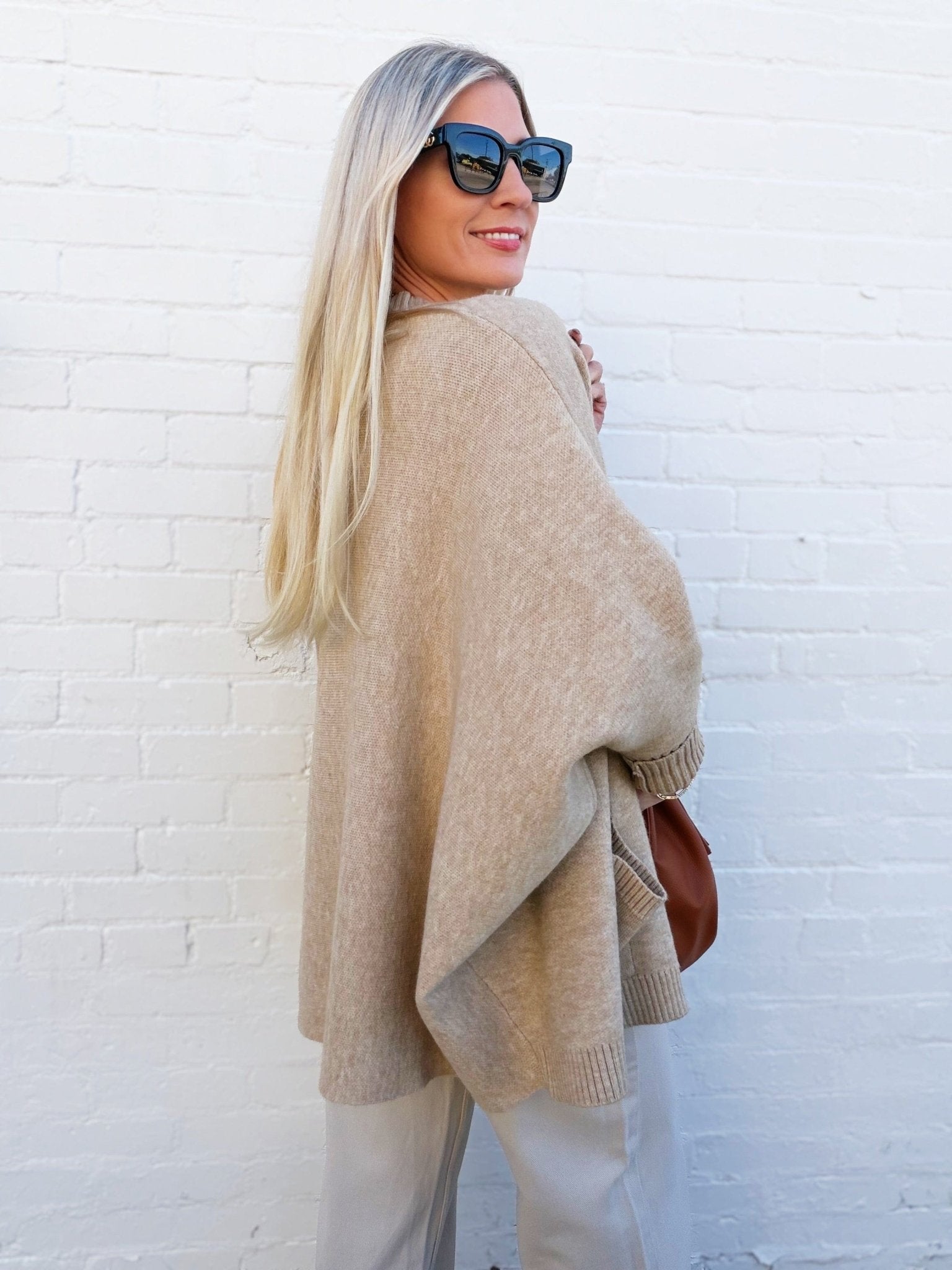 Dolman Sleeve Open Cardigan With Pockets In Taupe - Infinity Raine