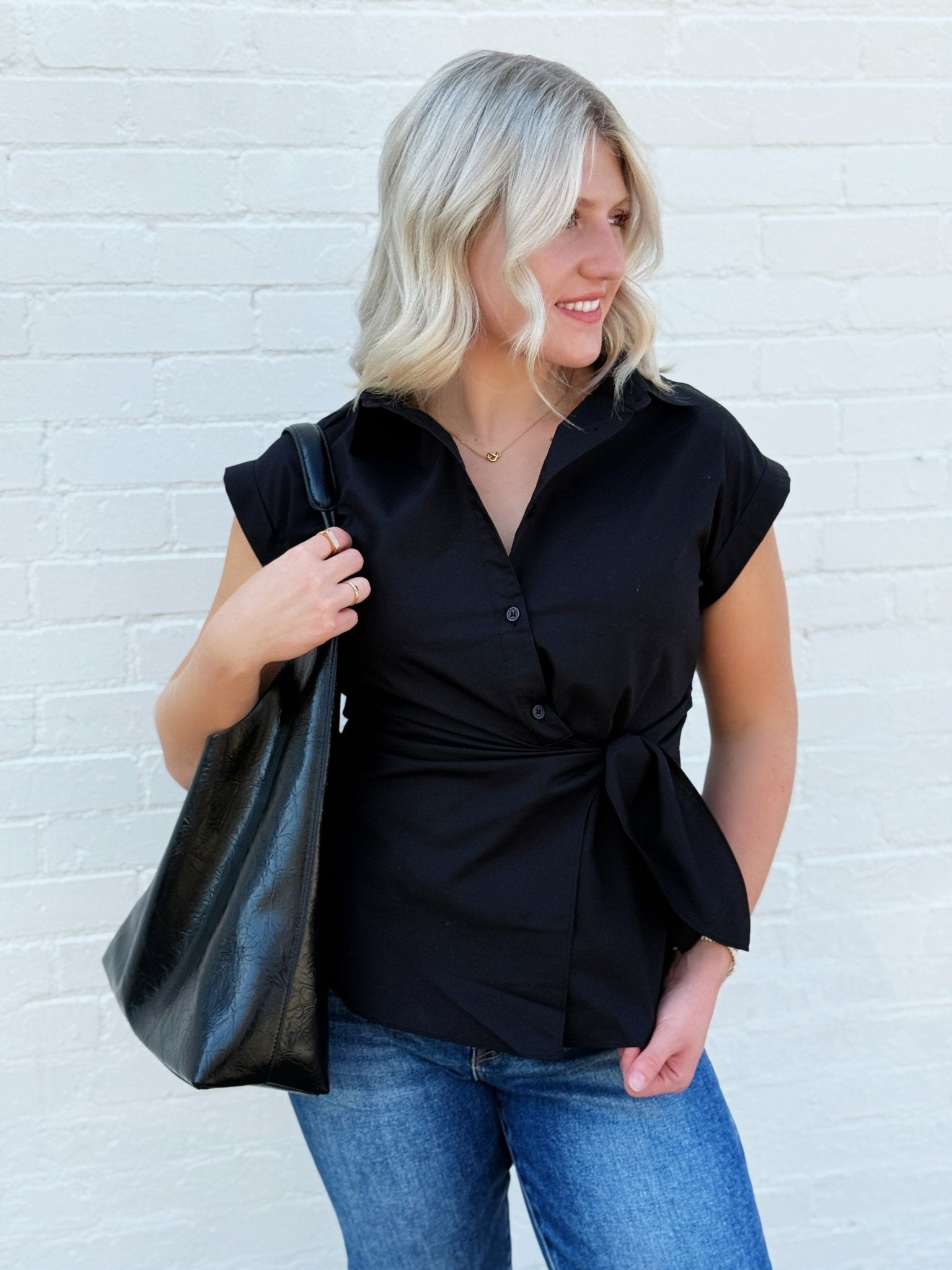 Dolman Sleeve Side Knot Poplin Top In Black - Infinity Raine