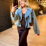 Satin Lace Hem Back Slit Pencil Midi Skirt In Brown - Infinity Raine