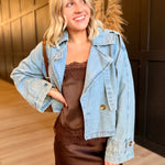 Double Breasted Front Button Oversize Denim Jacket In Light Denim - Infinity Raine