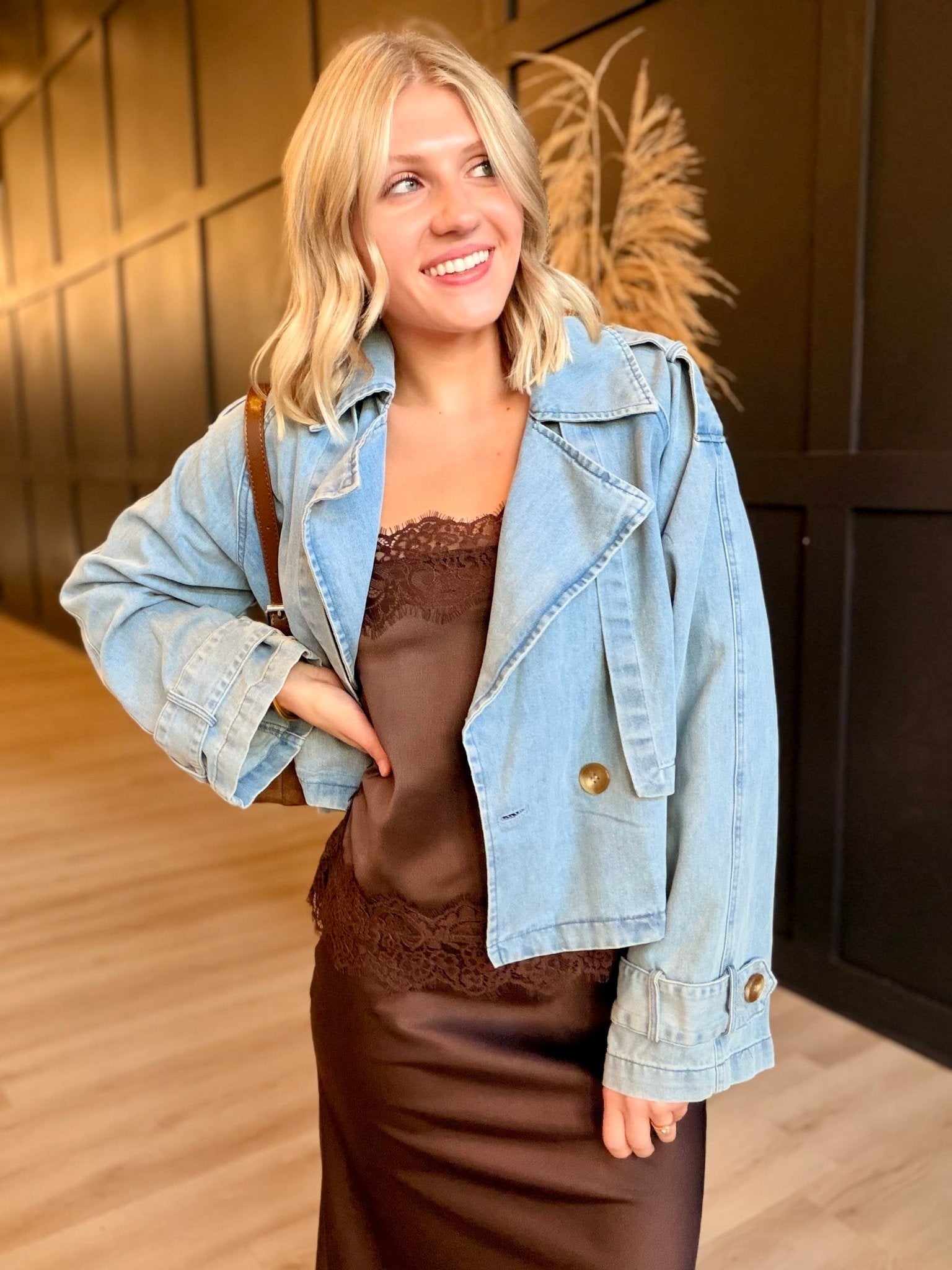 Double Breasted Front Button Oversize Denim Jacket In Light Denim - Infinity Raine