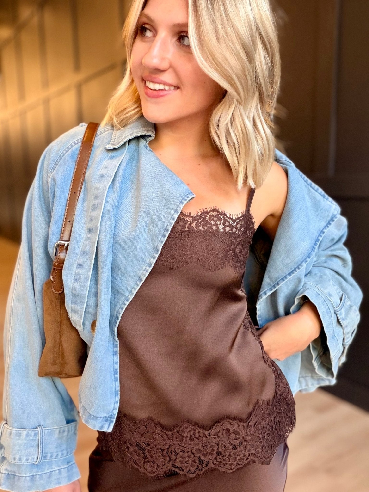 Satin Lace Trim Detail Cami In Brown - Infinity Raine