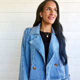 Double Breasted Front Button Oversize Denim Jacket In Light Denim - Infinity Raine