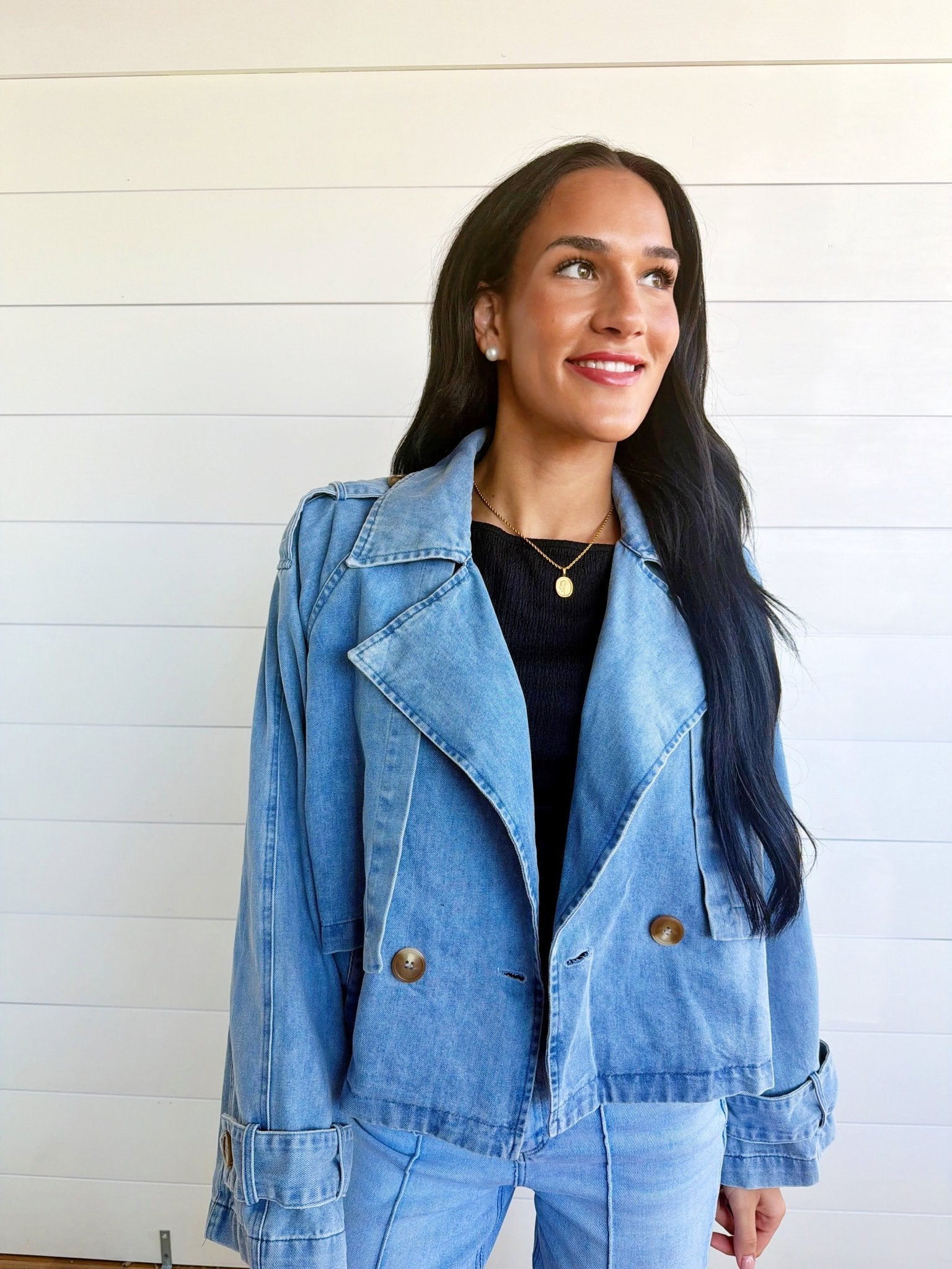 Double Breasted Front Button Oversize Denim Jacket In Light Denim - Infinity Raine