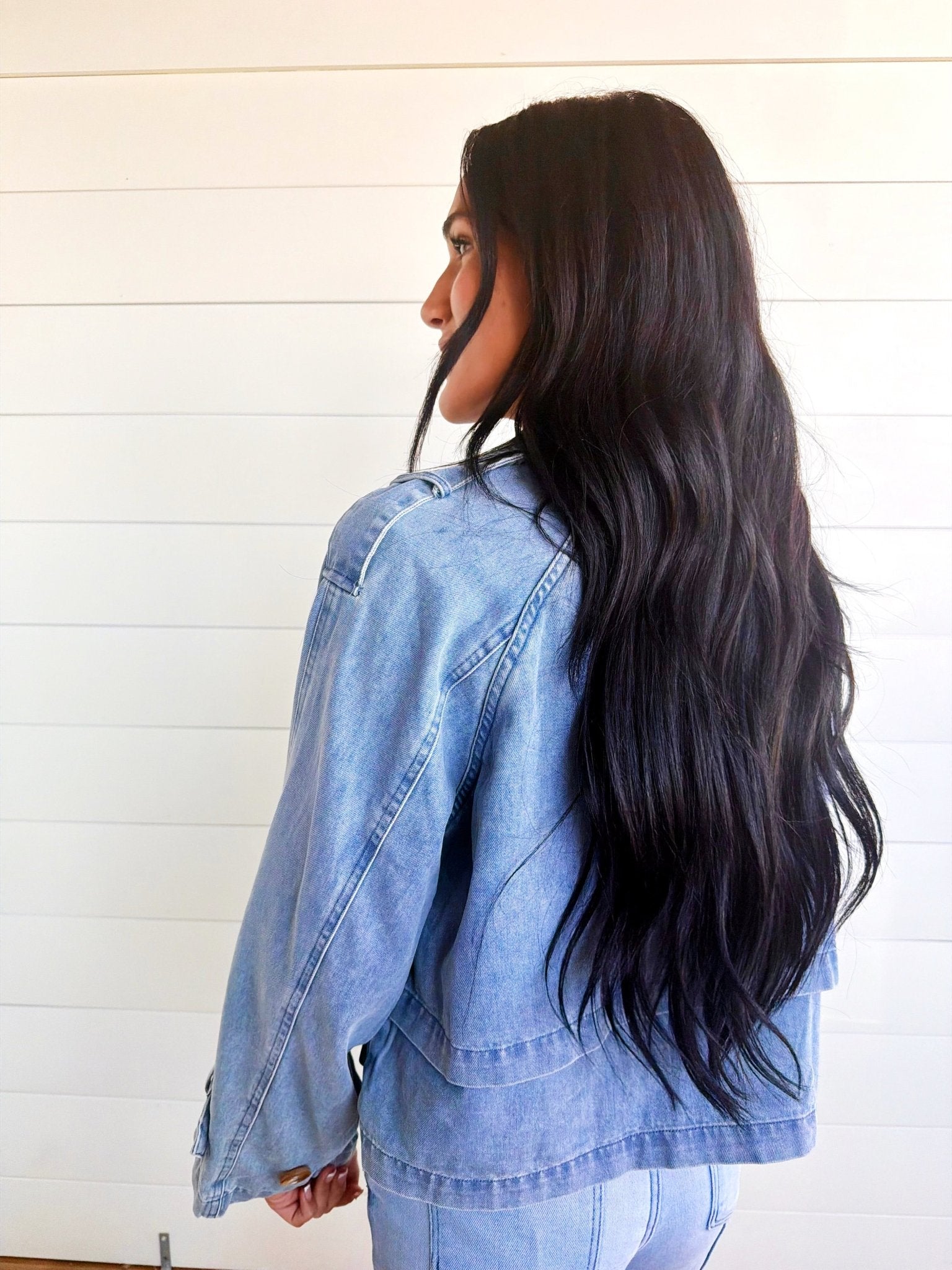 Double Breasted Front Button Oversize Denim Jacket In Light Denim - Infinity Raine