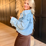 Double Breasted Front Button Oversize Denim Jacket In Light Denim - Infinity Raine