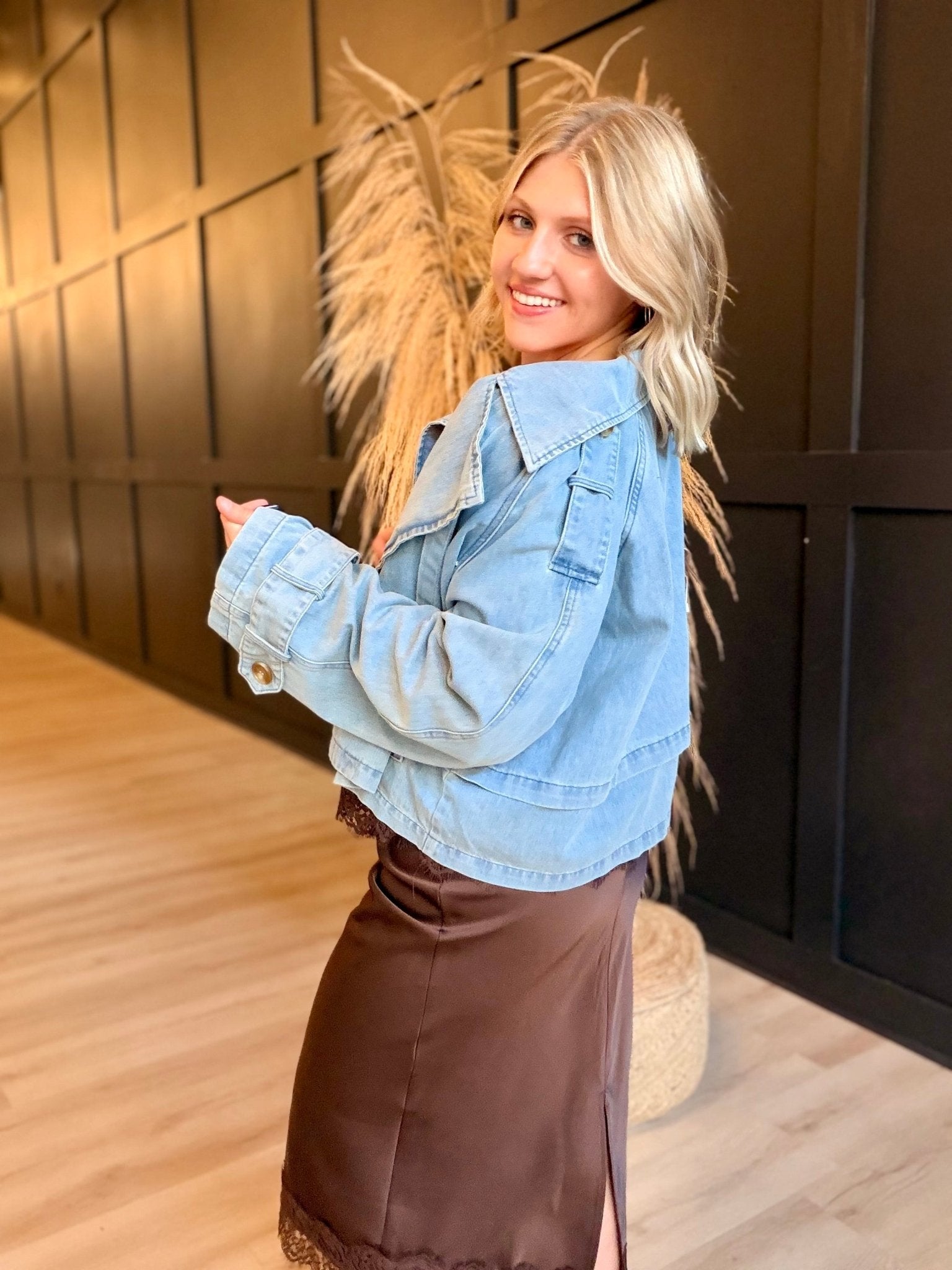 Double Breasted Front Button Oversize Denim Jacket In Light Denim - Infinity Raine