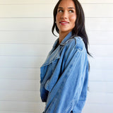 Double Breasted Front Button Oversize Denim Jacket In Light Denim - Infinity Raine