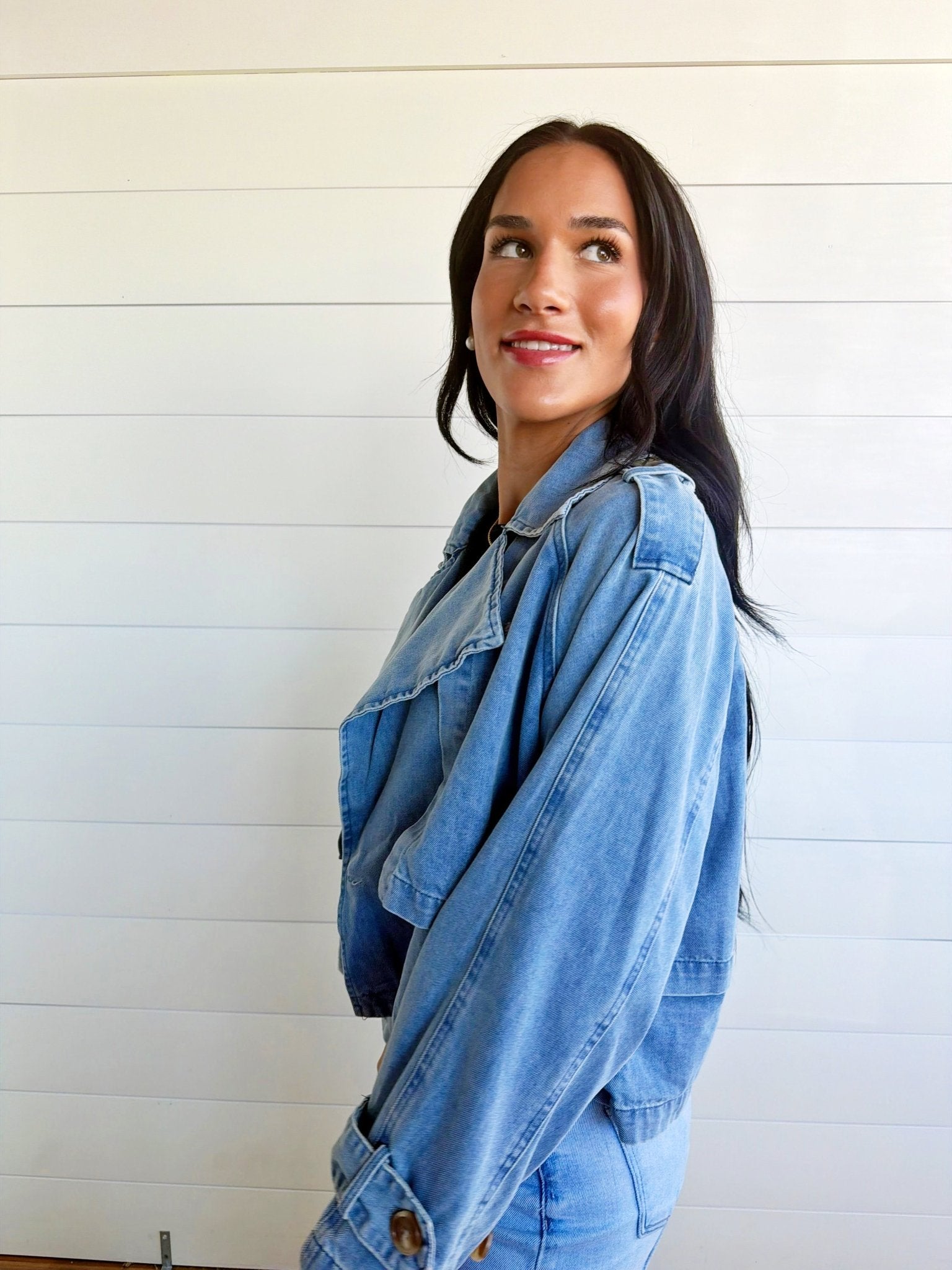 Double Breasted Front Button Oversize Denim Jacket In Light Denim - Infinity Raine