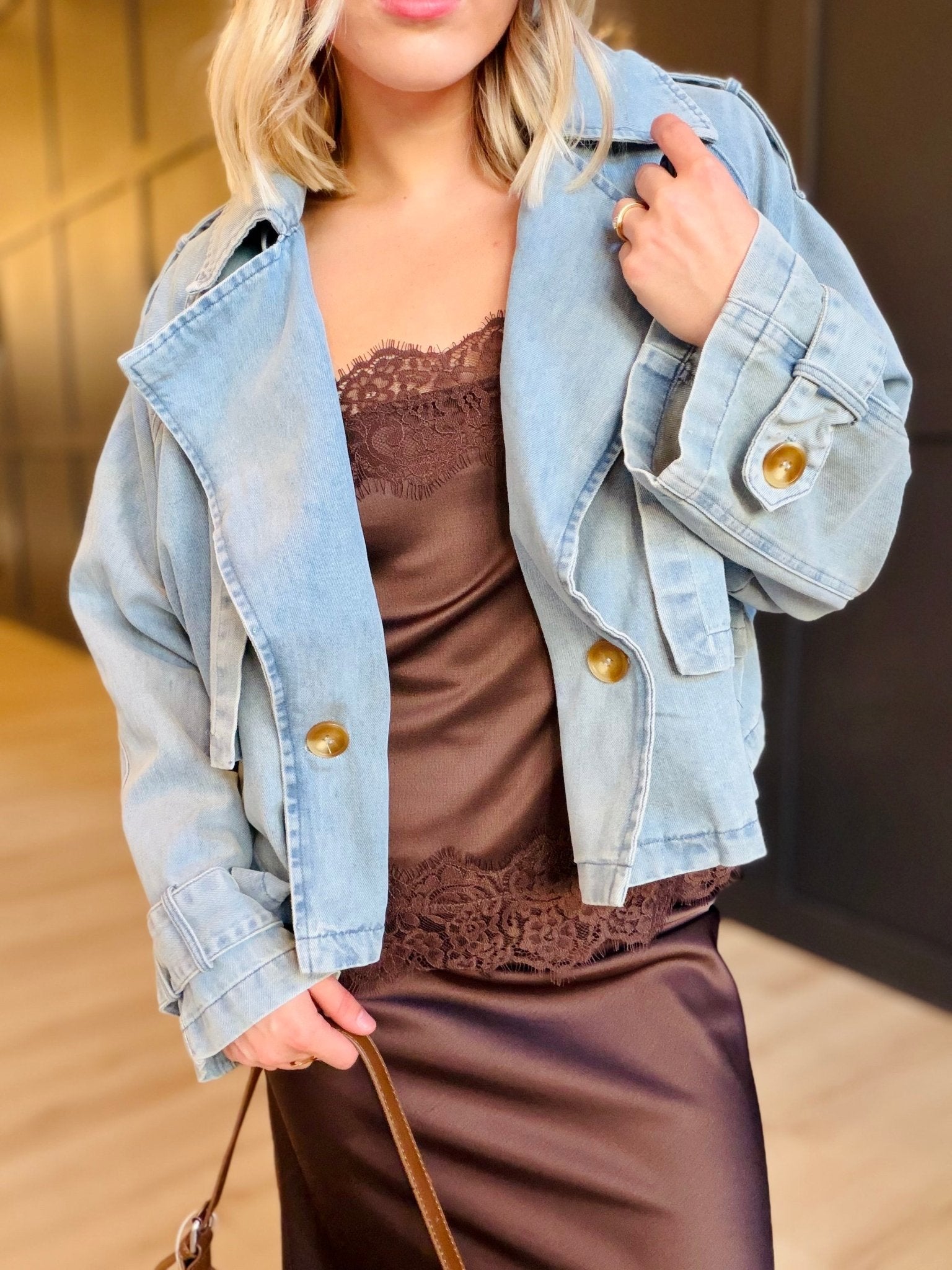 Double Breasted Front Button Oversize Denim Jacket In Light Denim - Infinity Raine