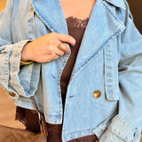 Double Breasted Front Button Oversize Denim Jacket In Light Denim - Infinity Raine