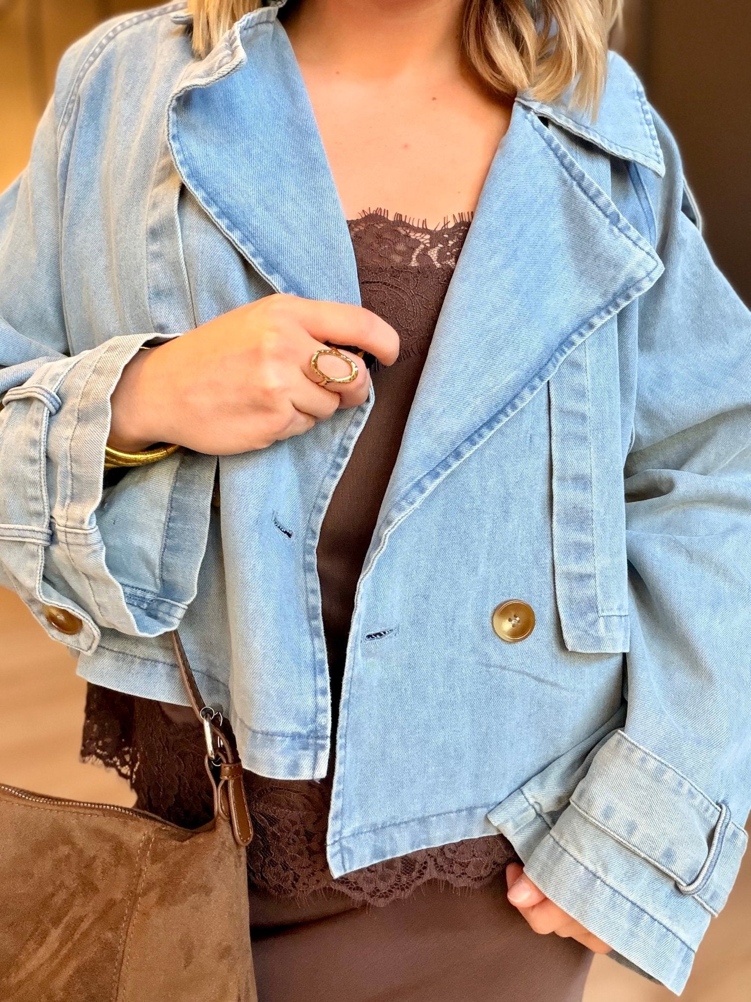Double Breasted Front Button Oversize Denim Jacket In Light Denim - Infinity Raine