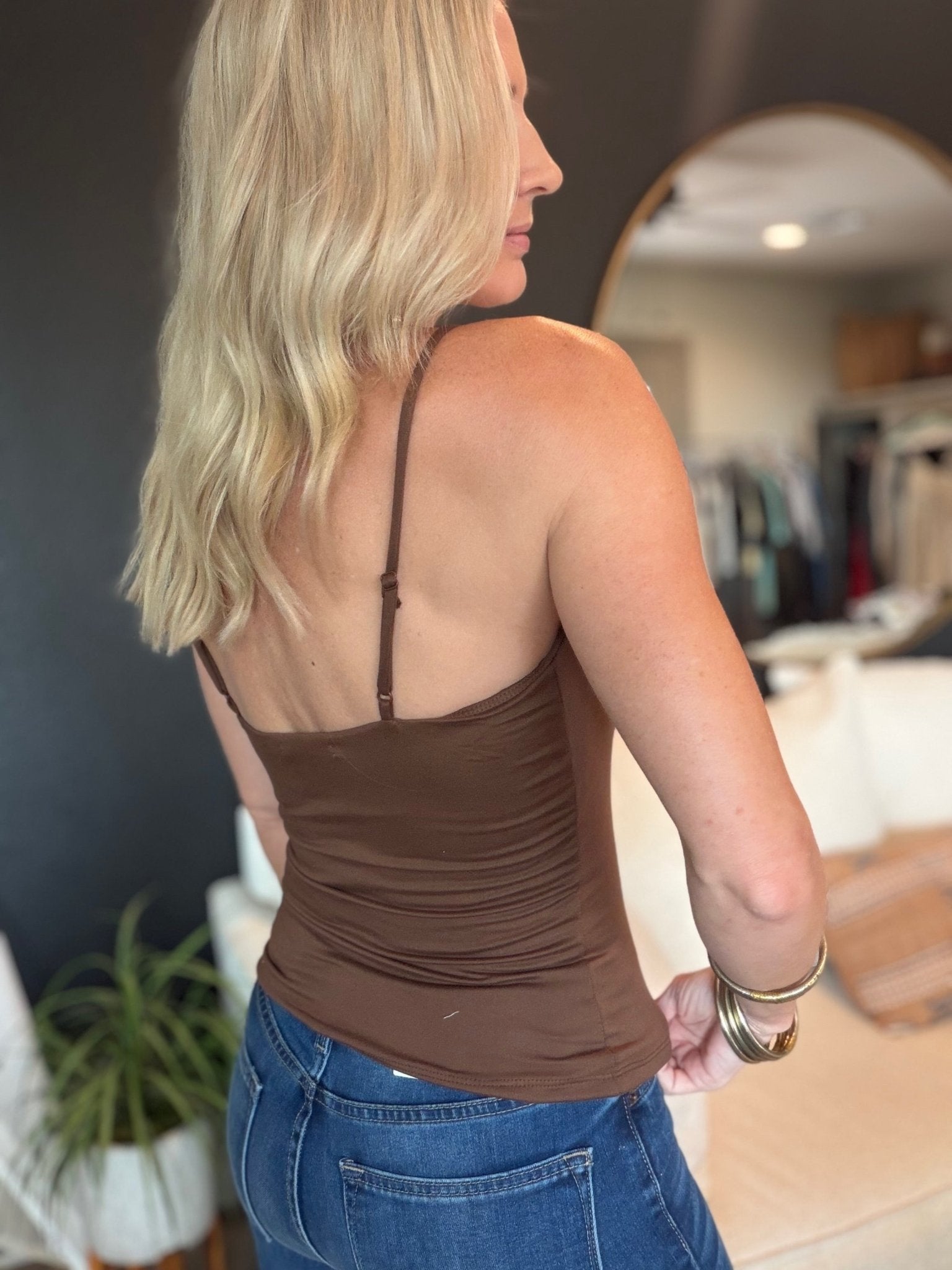 Double Layer At Fy & Bk V Neck Cami Top In Cocoa - Infinity Raine