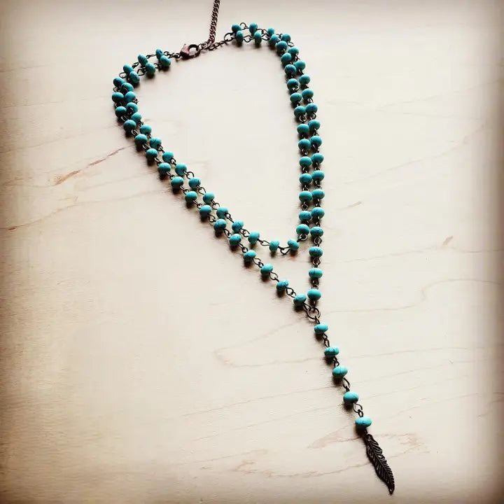 Double Strand Lariat Blue Turquoise Necklace w/ Copper Feather - Infinity Raine