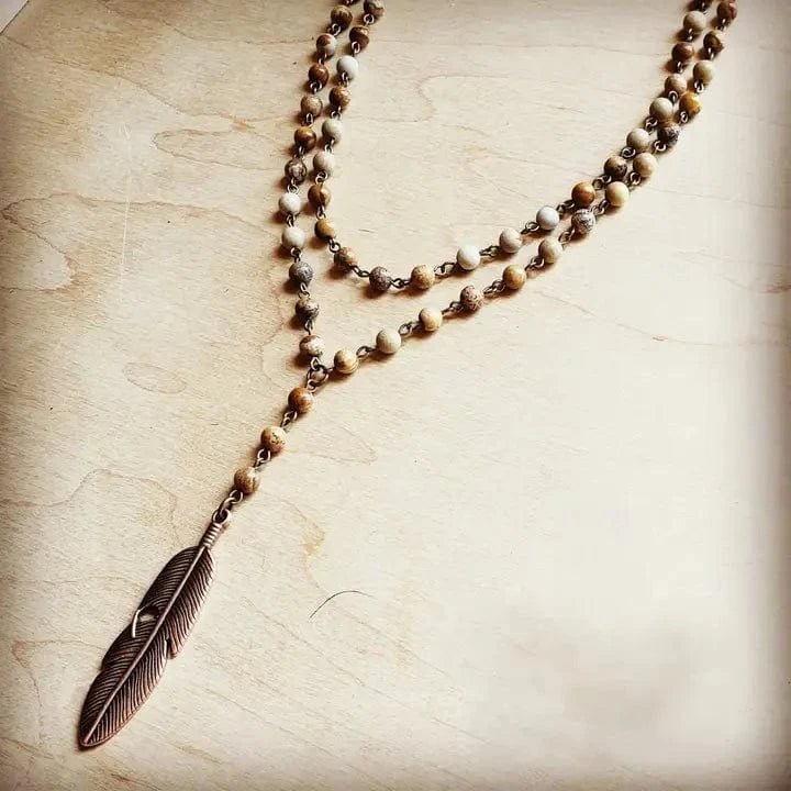 Double Strand Lariat Jasper Feather Necklace - Infinity Raine