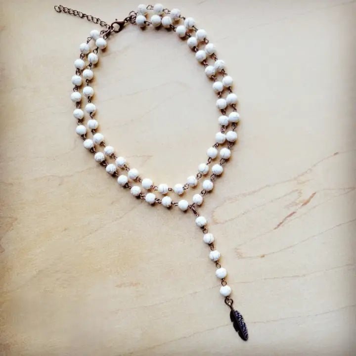 Double Strand Lariat White Turquoise Feather Necklace - Infinity Raine
