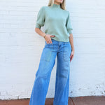 Double Zero Tops - Sweaters Puff Sleeve Mock Neck Sweater In Sage