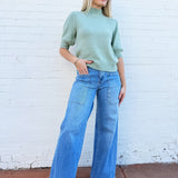 Double Zero Tops - Sweaters Puff Sleeve Mock Neck Sweater In Sage