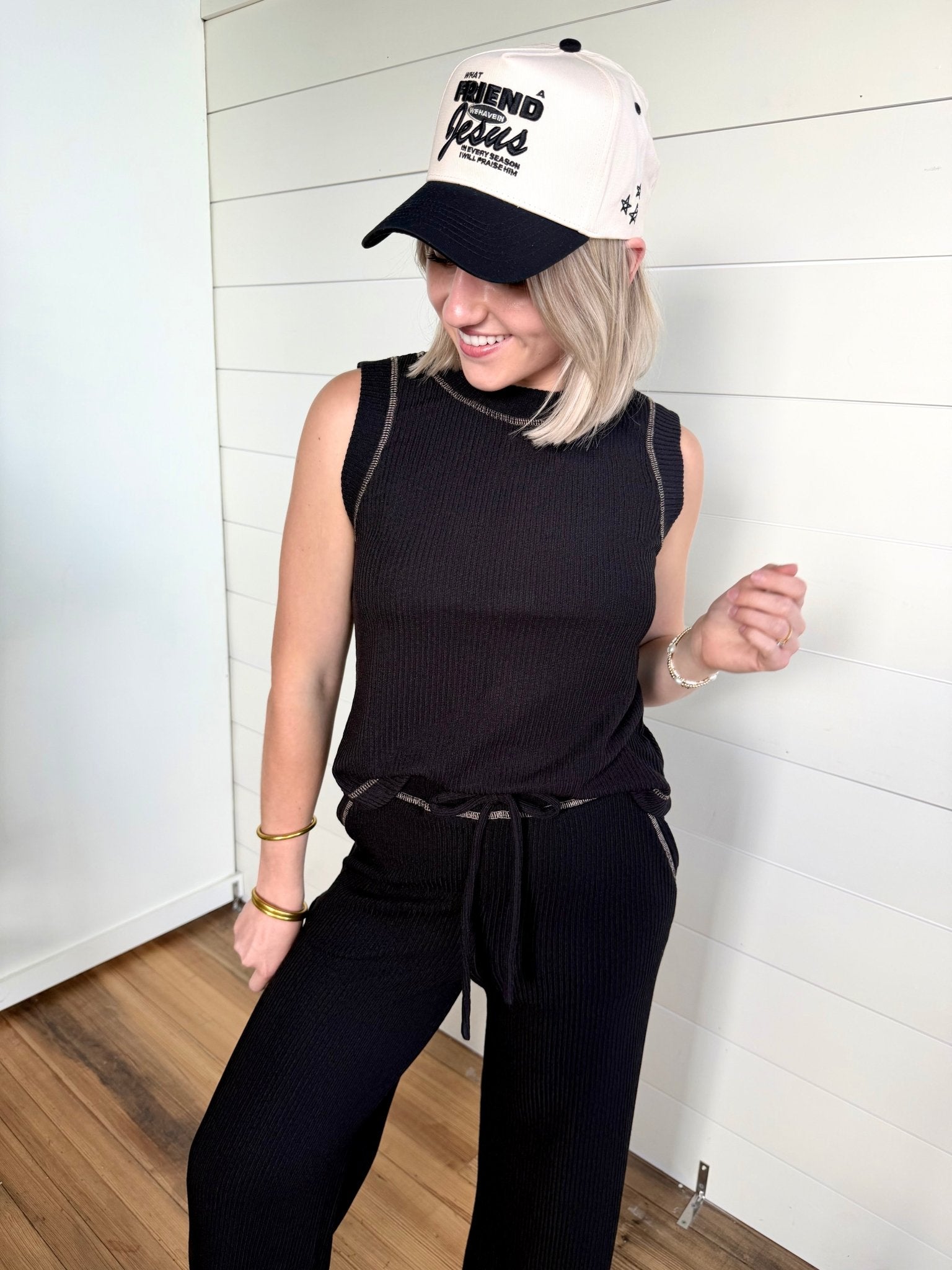Drawstring Detail Ribbed Knit Lounge Pants In Black - Infinity Raine