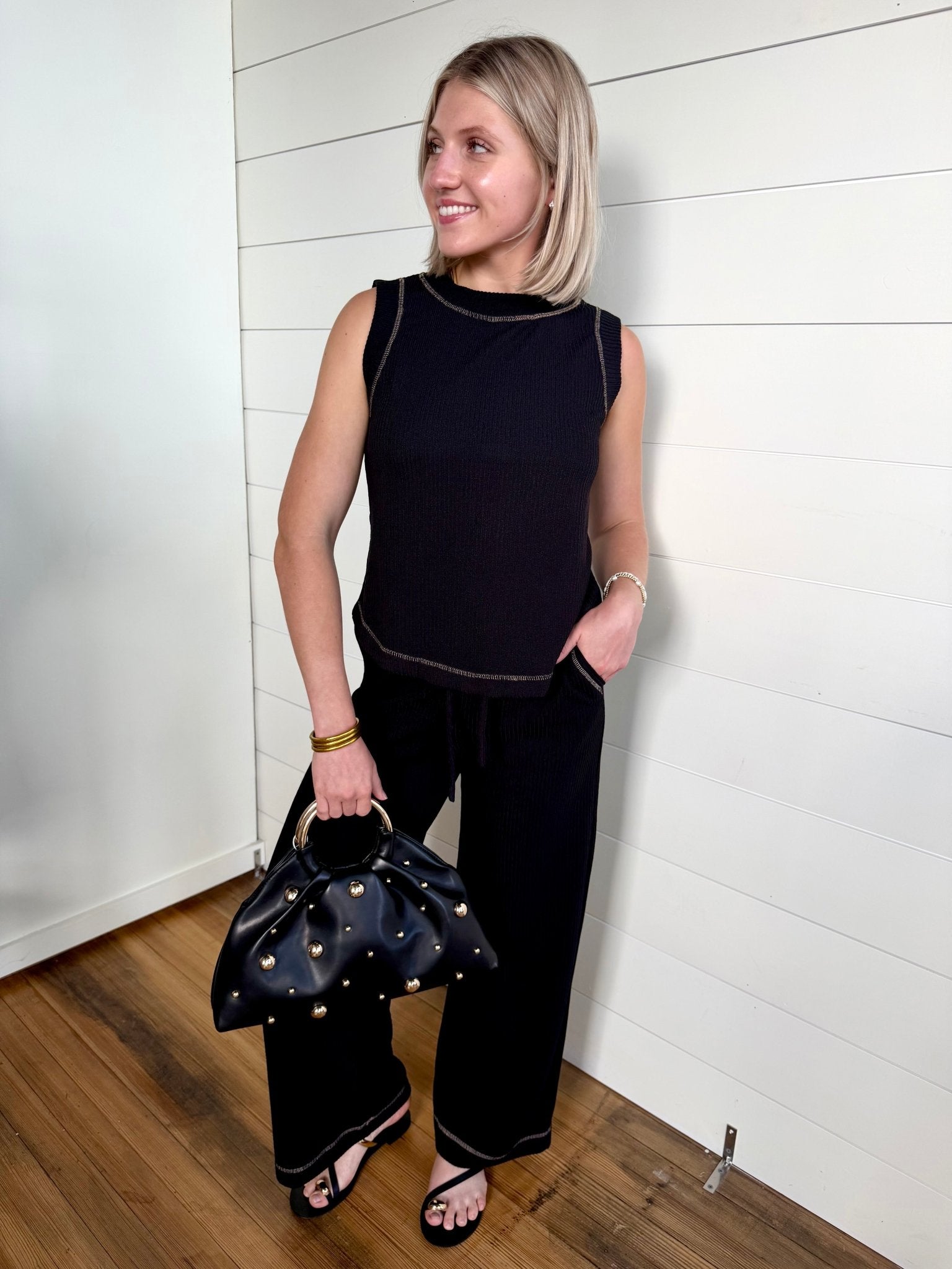 Drawstring Detail Ribbed Knit Lounge Pants In Black - Infinity Raine