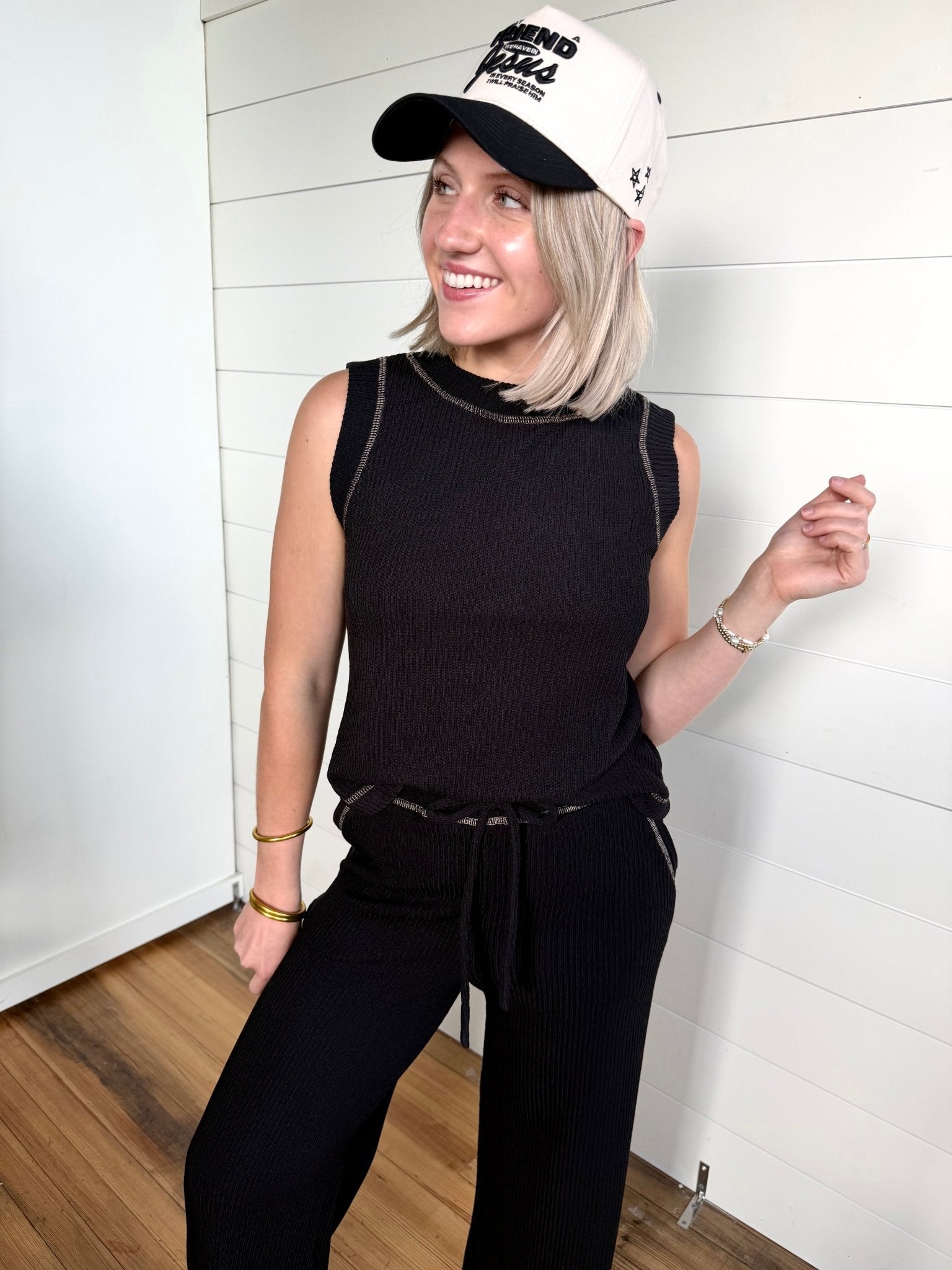 Drawstring Detail Ribbed Knit Lounge Pants In Black - Infinity Raine