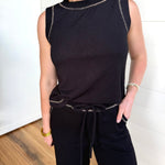 Drawstring Detail Ribbed Knit Lounge Pants In Black - Infinity Raine