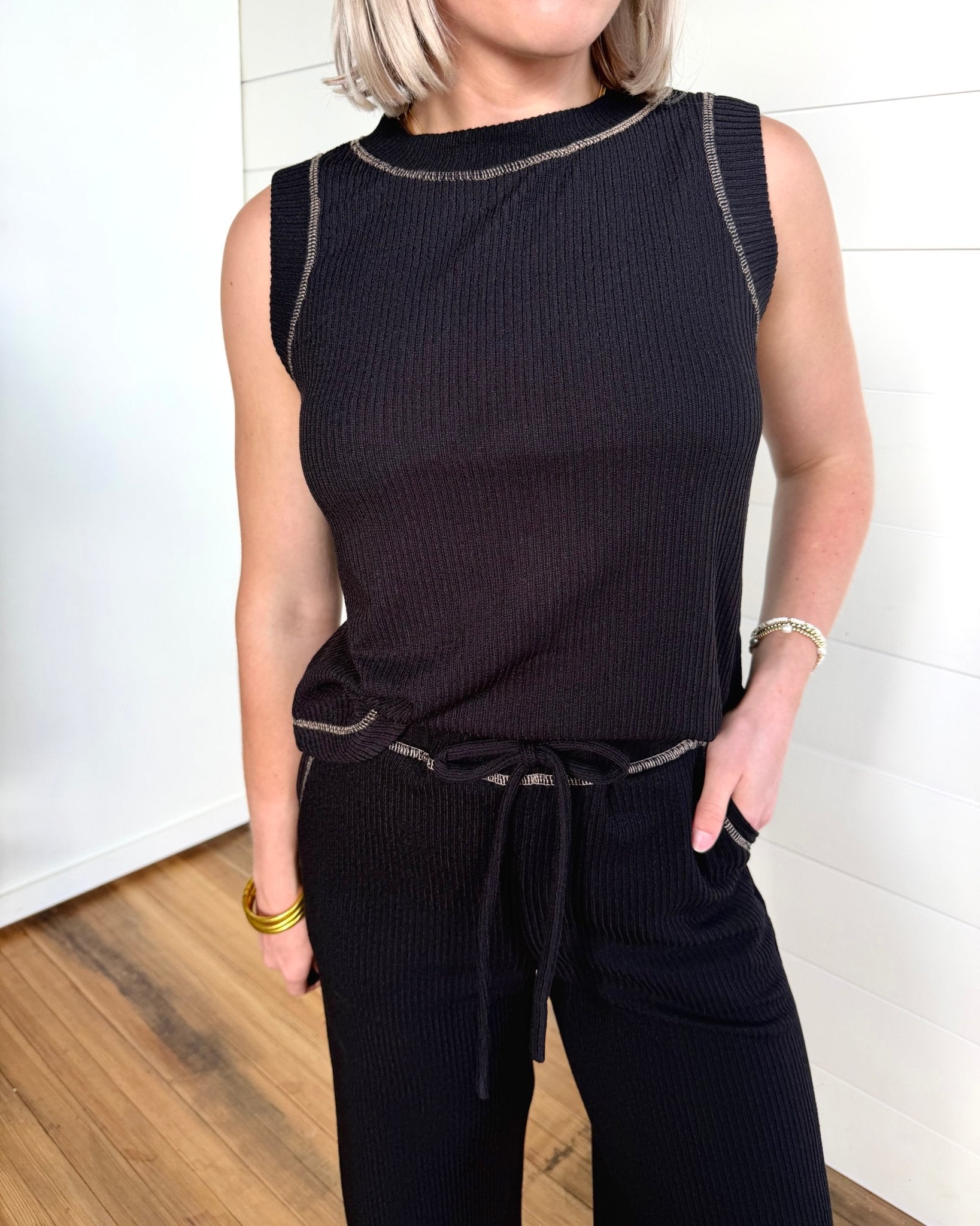 Drawstring Detail Ribbed Knit Lounge Pants In Black - Infinity Raine