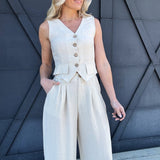 Loose Fit Linen Vest Pant Set In Oatmeal - Infinity Raine