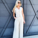 Loose Fit Linen Vest Pant Set In Oatmeal - Infinity Raine